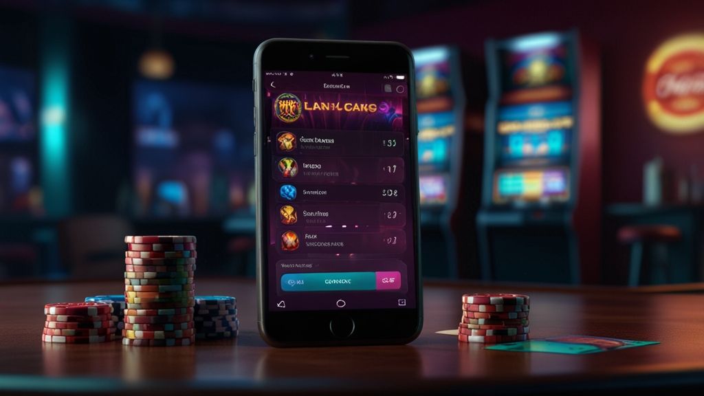 Mobile app login screen glowing on a smartphone in a dark casino setting